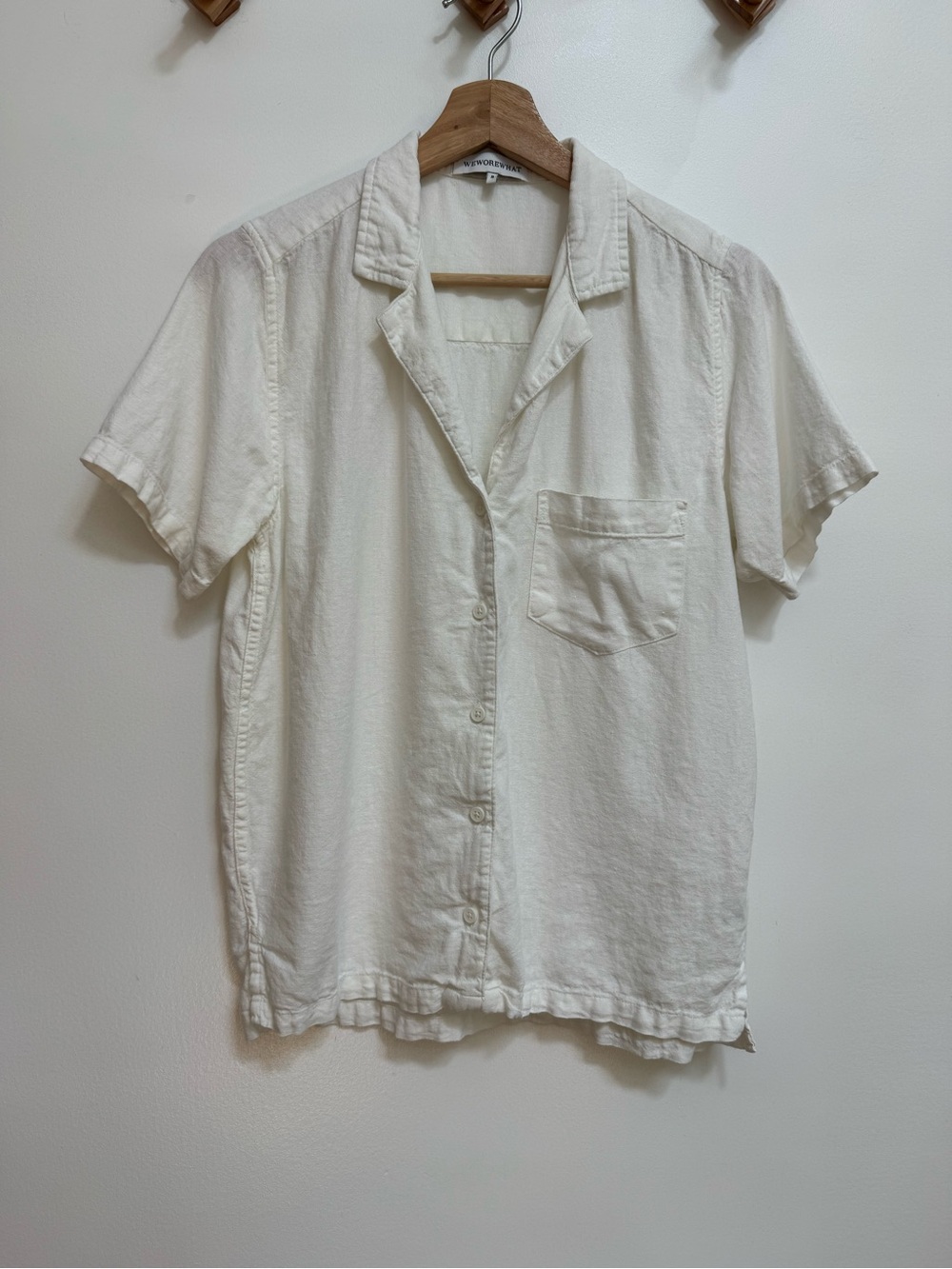 We Wore What Linen Blend Button Down Short Sleeve Blouse Top Women Medium White - Picture 2 of 12